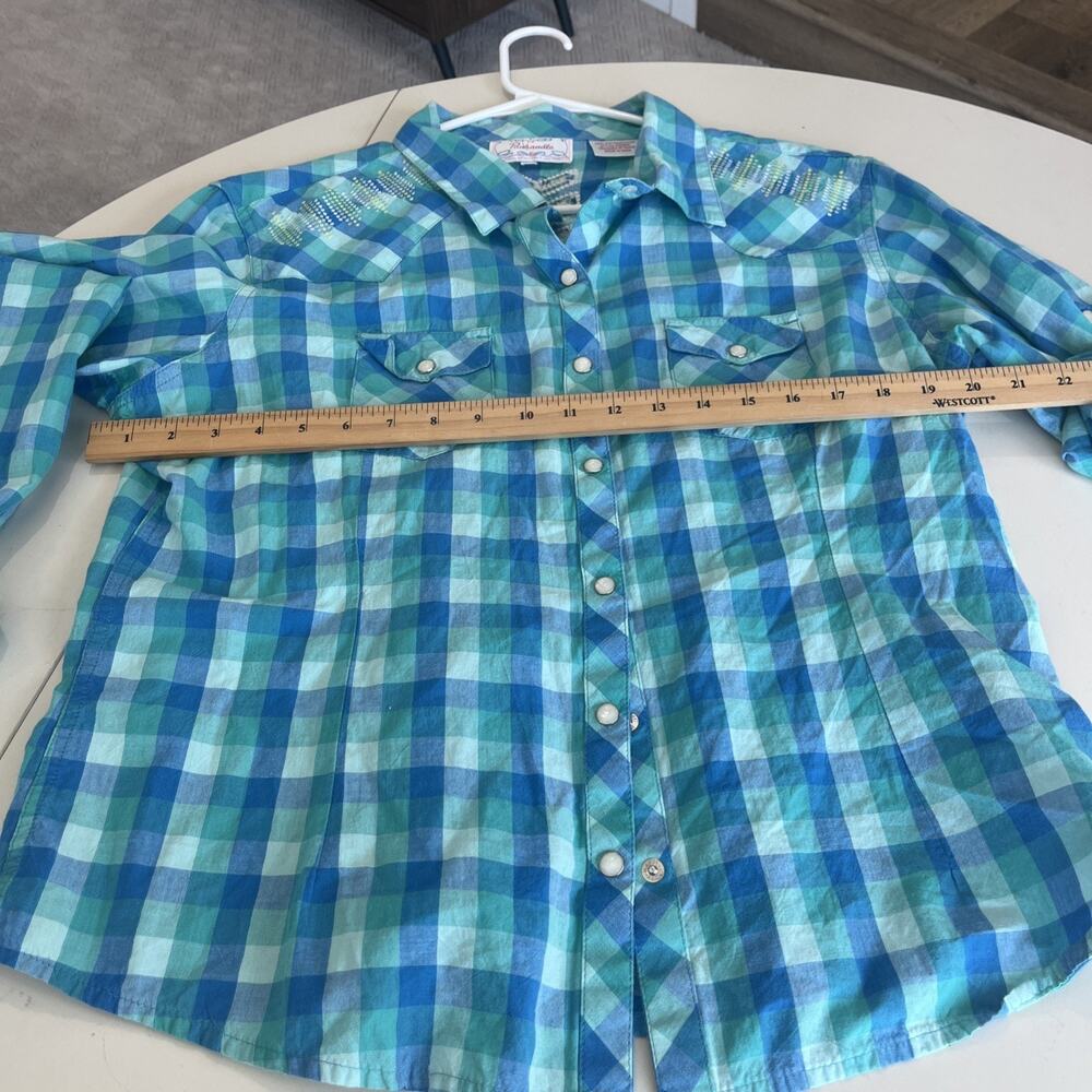 VTG Panhandle Women Snap Front Shirt Turquoise Aztec Beads Roll Tab Large - Picture 12 of 15